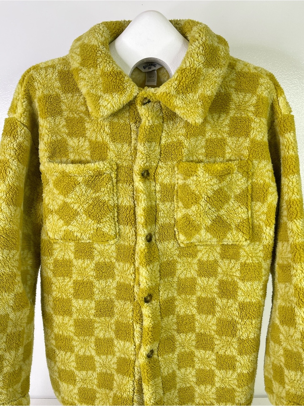 Billabong Yellow Cream Checkered Plush Fleece Shacket Shirt Jacket Women's M